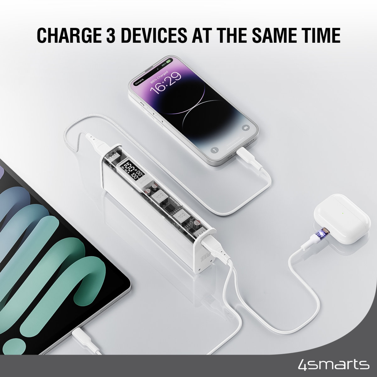 4smarts 100W Lucid Powerbank 20000mAh charges up to 3 devices at the same time.