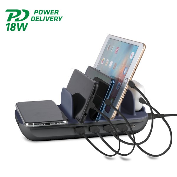 Charging Station Family Evo 63W with Qi Wireless Charger incl.Cables, grey/cobal