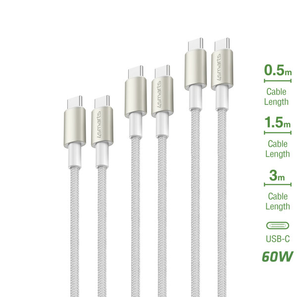 USB-C to USB-C Cable PremiumCord 60W Set of 3 0.5M+1.5M+3M white / silver