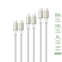 USB-C auf USB-C Kabel PremiumCord 60W 3er Set 0,5m+1,5m+3m wei&szlig; / silber