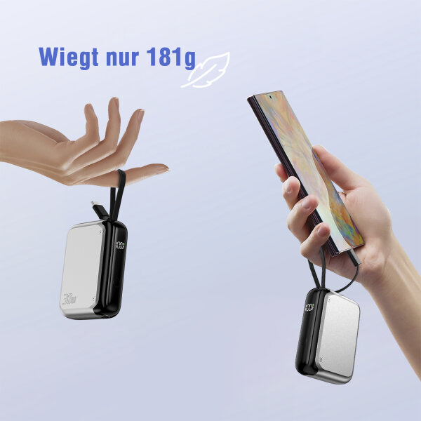 VRURC Power Bank Mit Kabel 10000mAh Klein USB C Powerbank Schnelles Aufladen 22.5W Mini