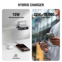 ﻿3in1 Hybrid Charger, Power Bank with integrated cables, silver