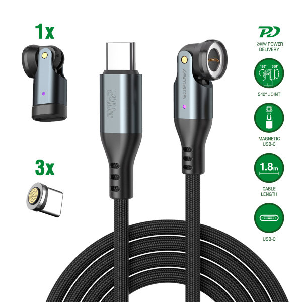 USB-C 540° Magnetic Cable Set GravityCord 240W, 1.8m, black