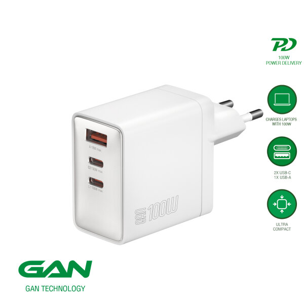 Netzladegerät GaN Pocket 100W 2C+1A, weiß