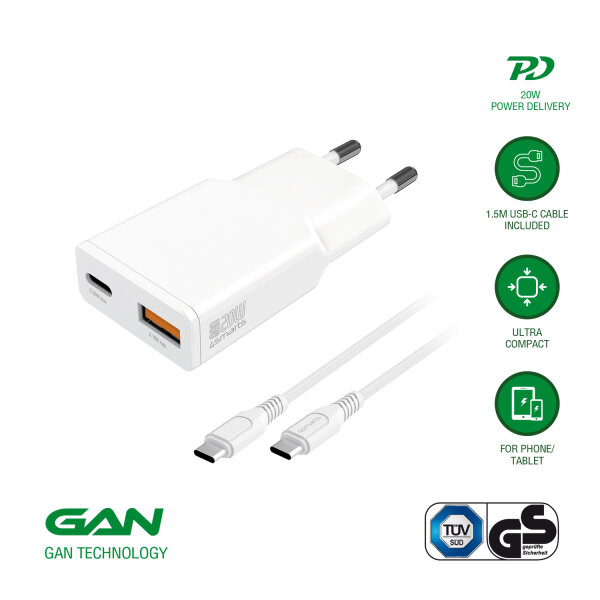 Netzladegerät PDPlug Slim Duos 20W GaN 1C+1A  und USB-C Kabel 1,5m, weiß