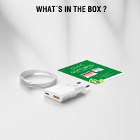 Netzladegerät PDPlug Slim Duos 20W GaN 1C+1A  und USB-C Kabel 1,5m, weiß