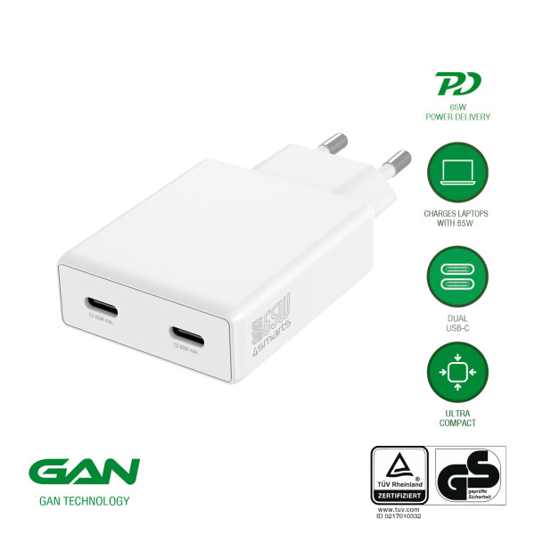 Wall Charger PDPlug Slim Dual 65W GaN 2C, white