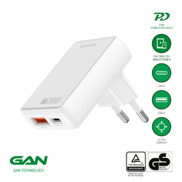 Netzladegerät FlatPlug Duos 20W GaN 1C+1A, weiß