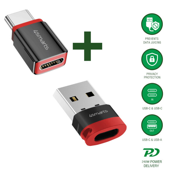 USB-C to USB-A / USB-C Data Blocker Adapter, 2 pcs. Set, black