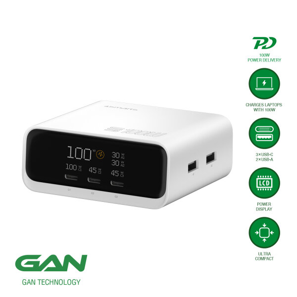 Desk Charger GaN Screen 100W 3C+2A, weiß