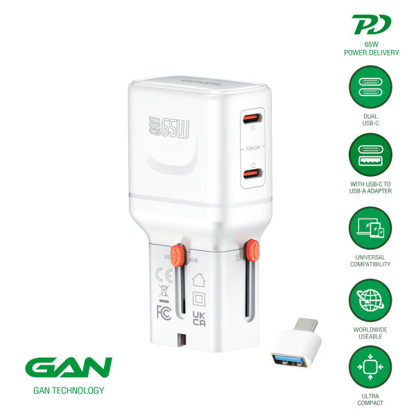 Weltreiseadapter Nomad Pocket GaN 65W, weiß